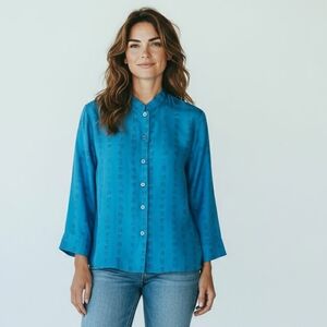 Chicos Design Vintage Vibrant Turquoise 100% Silk Button Up Blouse, Size 2